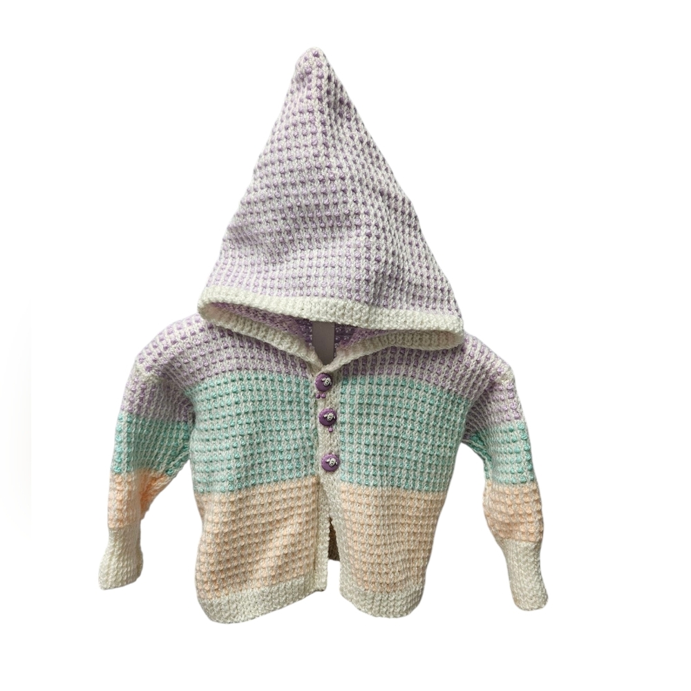 Vintage Hand Knit Striped Hooded Knit Cardigan - 18-24m Size